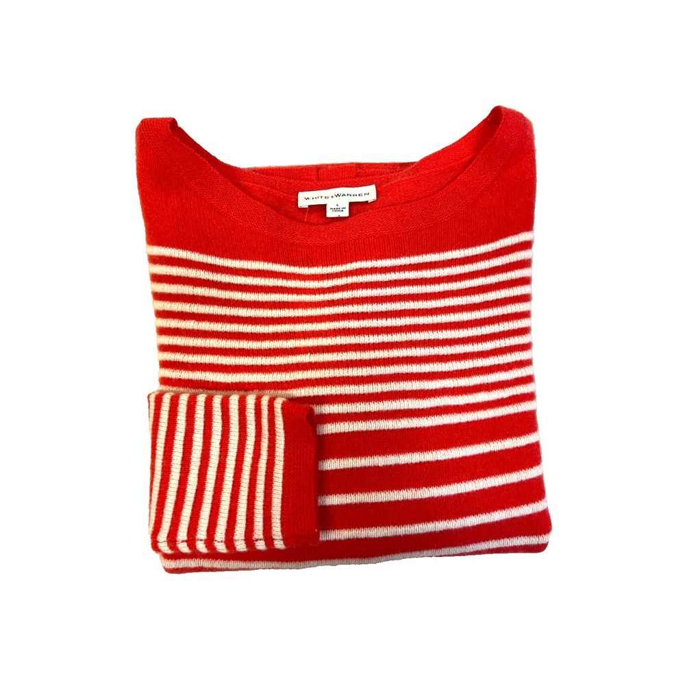 White &‎ Warren Cashmere Pullover Sweater Orange Ivory Stripe Boat Neck SZ L